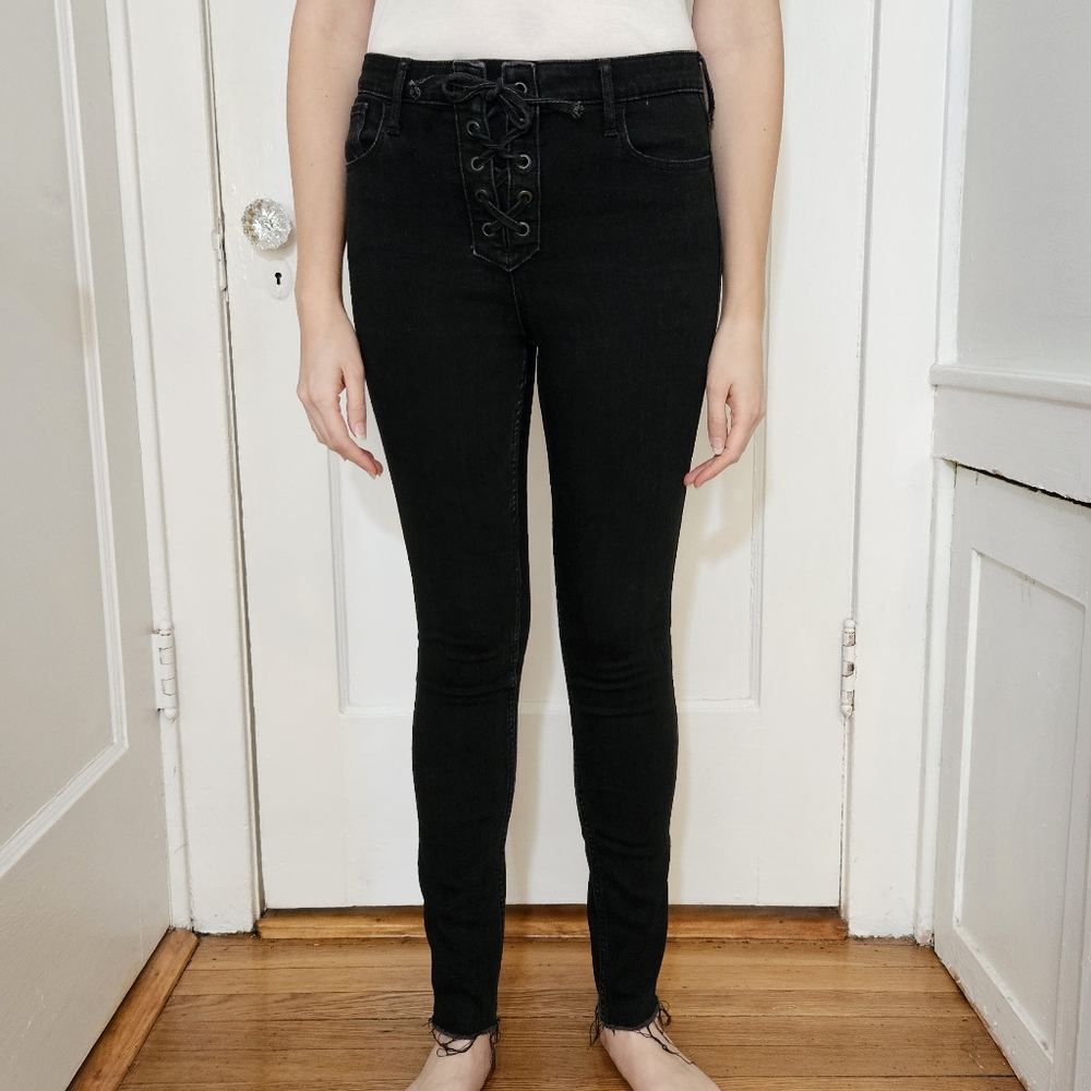 Hollister Black Lace Up Jeans 3R 26 High Rise Super Skinny Black Jeans Women's